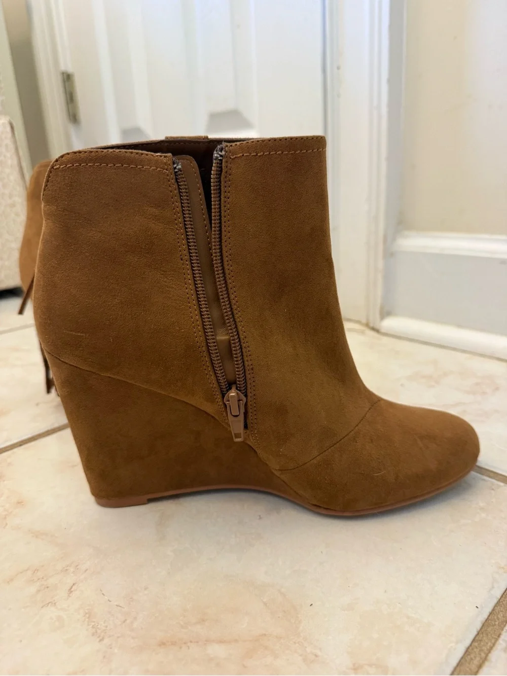 MIA designer Suede Fringe Wedge Booties in Tan
